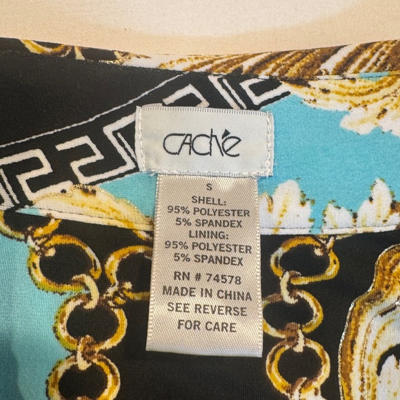 Vintage Cache Elegant Blue and Black Patterned Dress, Animal Print Chain Details - Picture 3 of 6